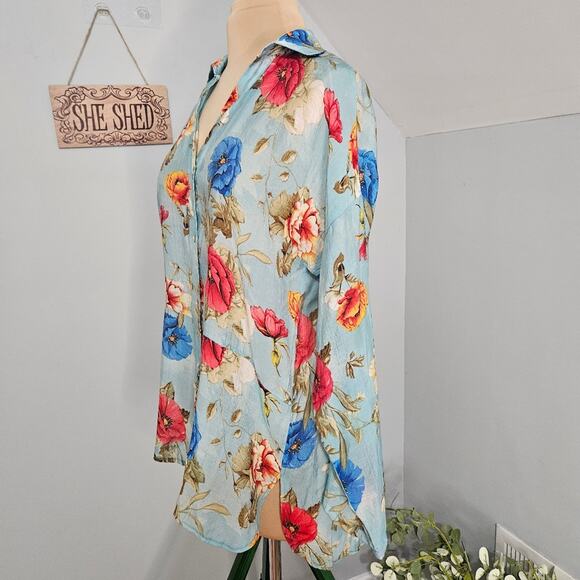 Umgee Tunic Floral Blue Red Long Sleeve Button Down Shirt Cotton Medium Boho - Picture 4 of 15